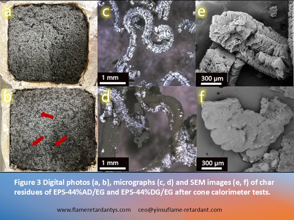 0528 3 Figure 3 Digital photos (a, b), micrographs (c, d) and SEM images (e, f) of char residues of EPS-44%AD EG and EPS-44%DG EG after cone calorimeter tests